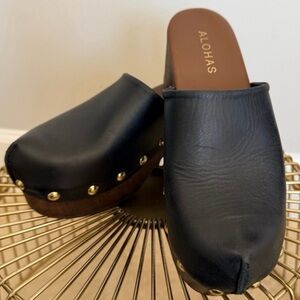 ALOHAS Black Leather Clogs with Gold Accents